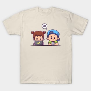 Cute Girl And Cute Boy Playing Gadget Cartoon T-Shirt